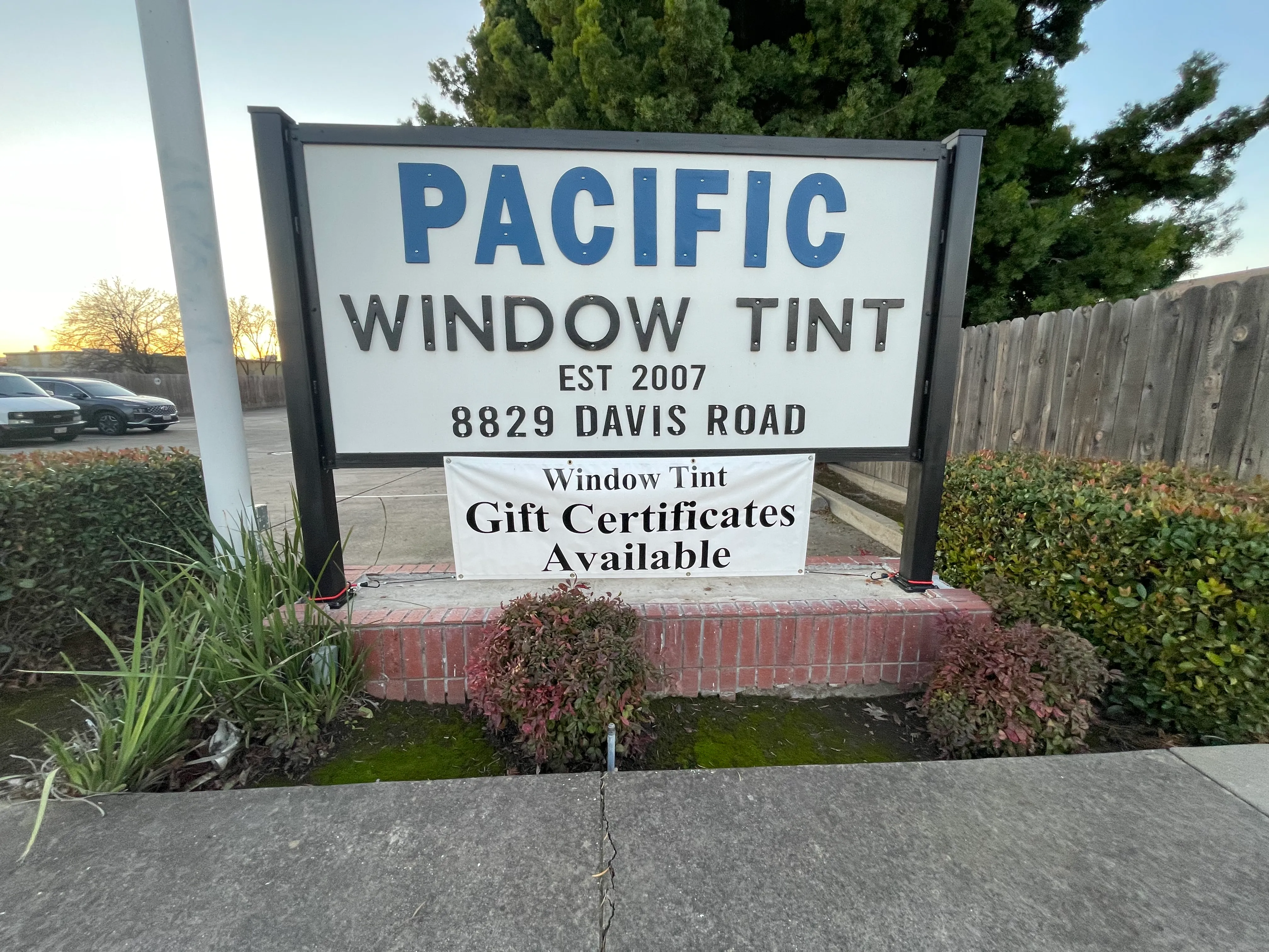 Pacific Window Tint storefront sign - Est 2007, 8829 Davis Road