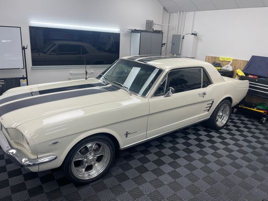 Classic Ford Mustang with fresh window tint in the PWT shop