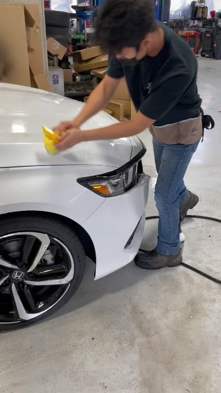 Installer smoothing paint protection film on the front of a white Honda