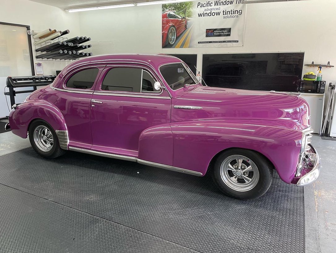 Purple 1948 Chevy Fleetmaster in the shop